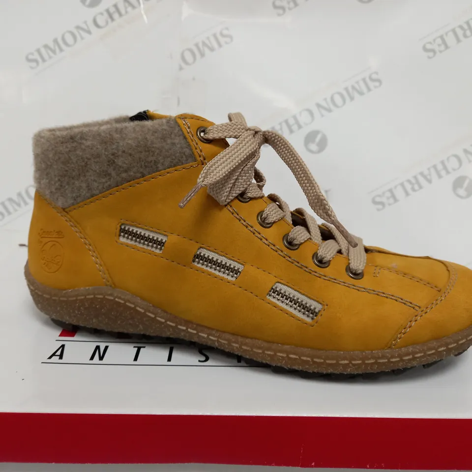 BOXED RIEKER LACE ANKLE BOOTS, YELLOW - SIZE 6