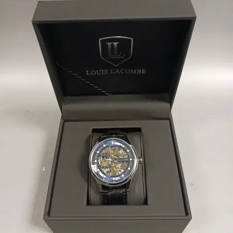 MENS LOUIS LACOMBE AUTOMATIC WATCH β SKELETON DIAL β GLASS EXHIBITION BACK CASE β LEATHER STRAP