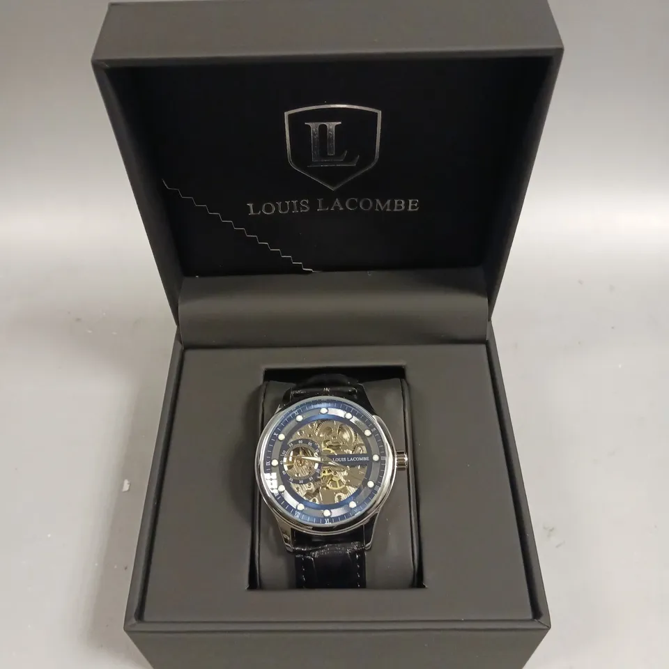 MENS LOUIS LACOMBE AUTOMATIC WATCH – SKELETON DIAL – GLASS EXHIBITION BACK CASE – LEATHER STRAP