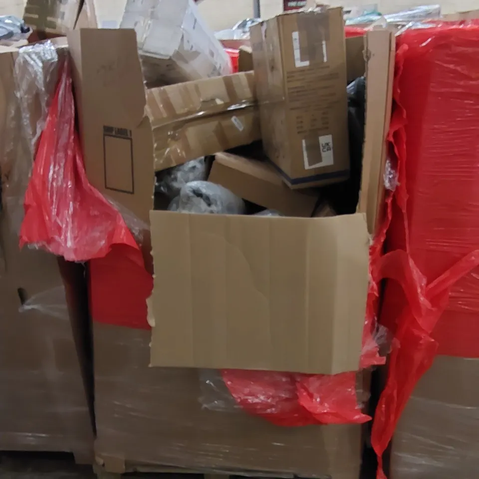 PALLET TO CONTAIN ASSORTED HOUSEHOLD ITEMS AND CONSUMER PRODUCTS. INCLUDING DOG BEDS, FLOOR LAMP, CEILING FAN WITH LIGHT, BOXED FURNITURE ETC
