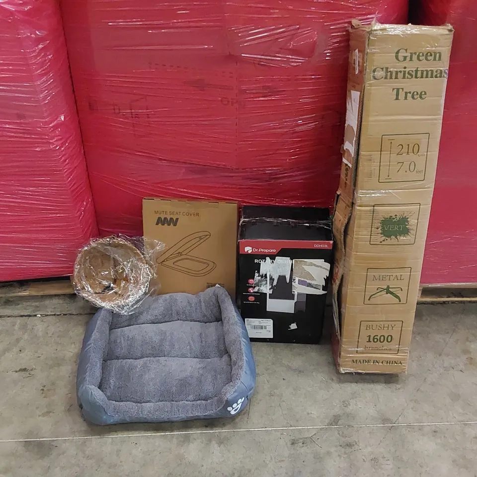 PALLET OF ASSORTED ITEMS INCLUDING: ROTARY DEHUMIDIFIER, ARTIFICIAL CHRISTMAS TREE, TOILET SEAT, PET BED, HANGING BASKETS 