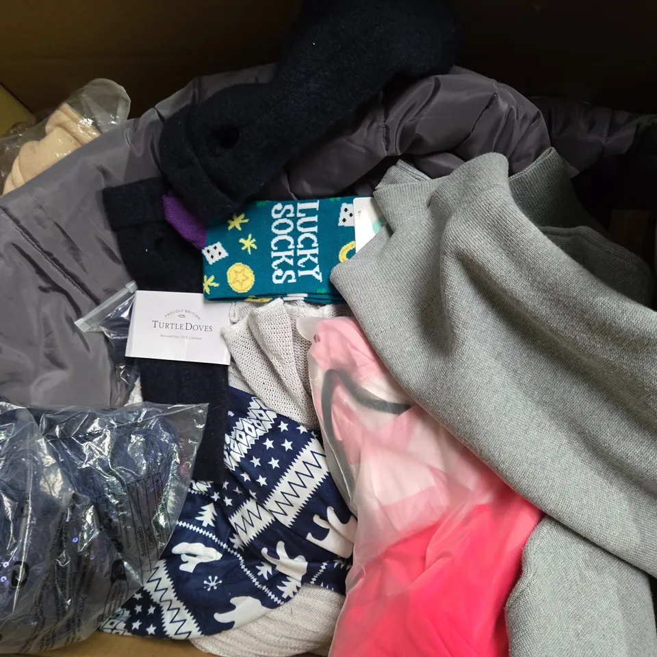 BOX OF ASSORTED CLOTHING IN DIFFERENT STYLES AND SIZES / COLLECTION ONLY