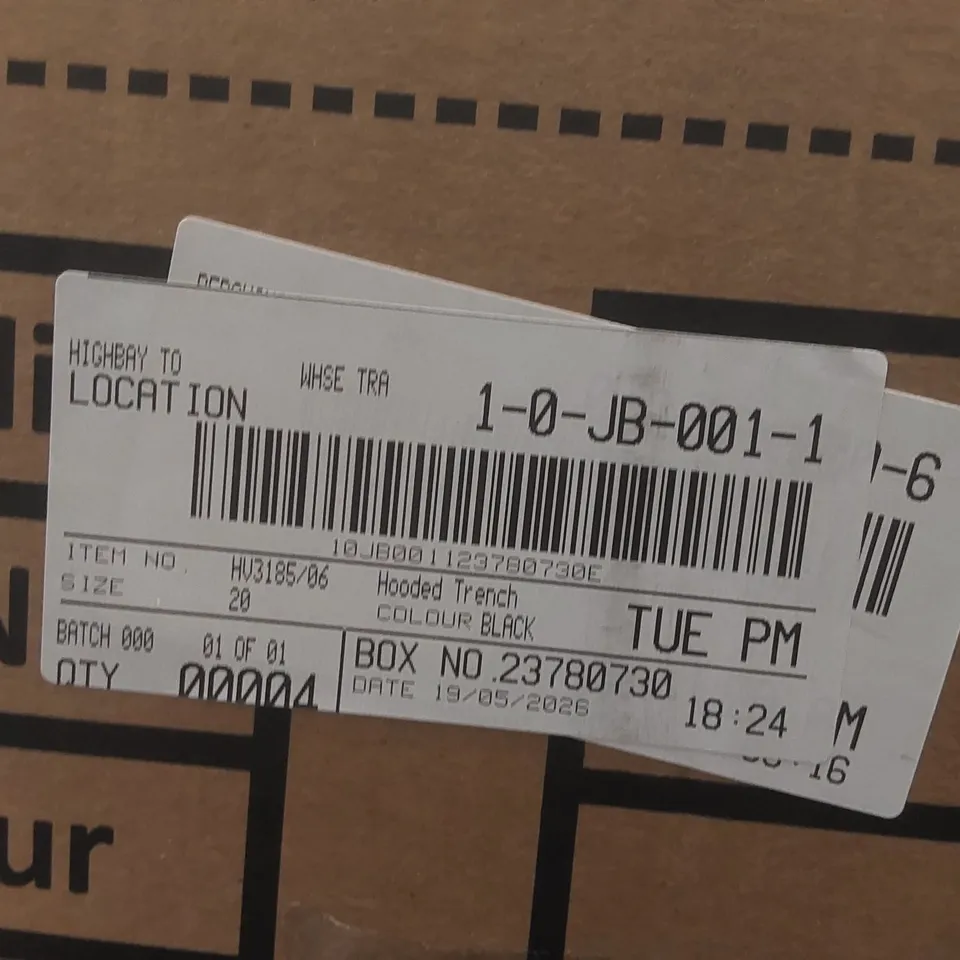 BOX CONTAINING APPROXIMATELY 4x BRAND NEW JD WILLIAMS BLACK HOODED TRENCH COATS - SIZE 20