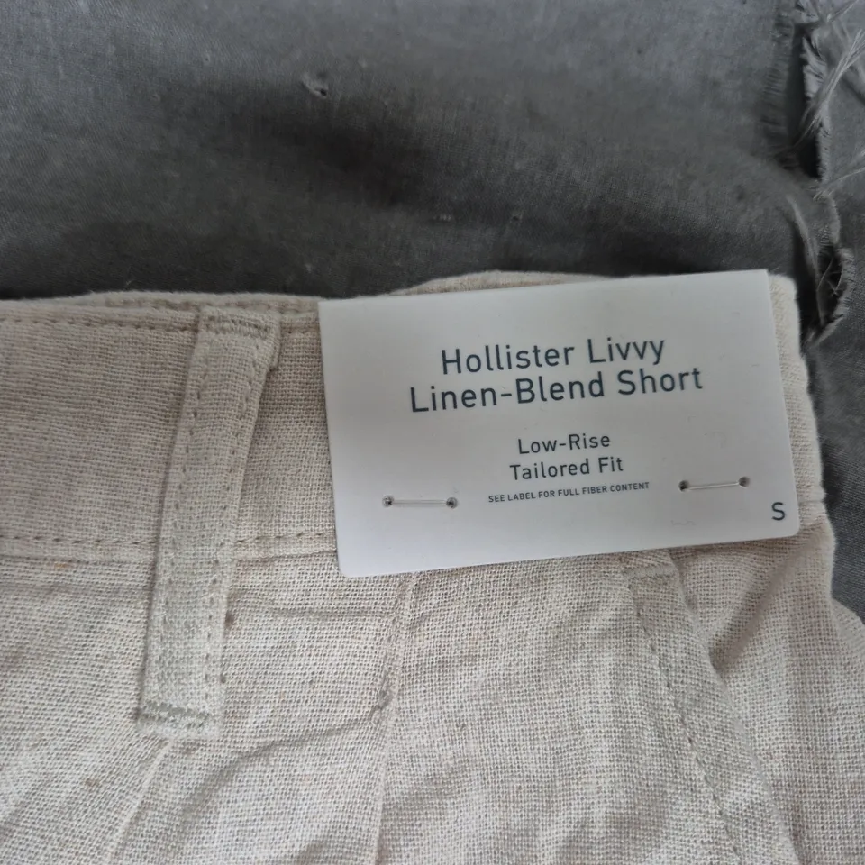 HOLLISTER LIVVY LINEN-BLEND SHORT – SIZE S, BEIGE, LOW-RISE TAILORED FIT