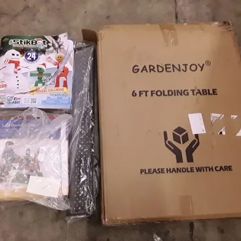 PALLET OF ASSORTED PRODUCTS INCLUDING 6FT FOLDING TABLE, KIDS BUILDING BLOCKS, LED AQUARIUM LIGHT, STIKBOT ADVENT CALENDAR
