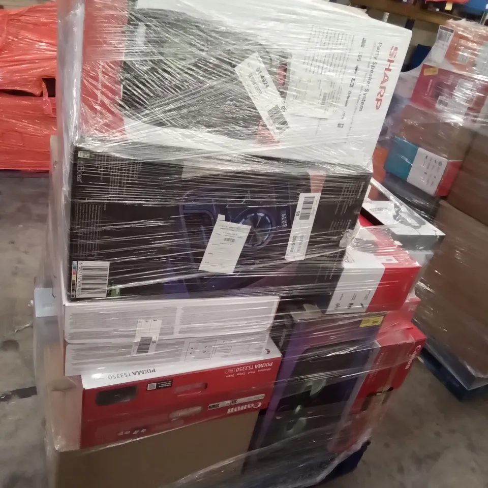 PALLET OF ASSORTED ELECTRONICS INCLUDING JVC HEADPHONES, SHARP PARTY SPEAKER SYSTEM,  POLAROID CD PLAYER, HDMI DVD PLAYER WITH REMOTE, ONN PORTABLE AM/FM RADIO, CANON PIXMA 