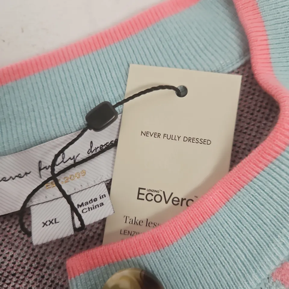 NEVER FULLY DRESSED CARDIGAN – LIGHT BLUE WITH SUN PRINT, PINK TRIM, UK XXL