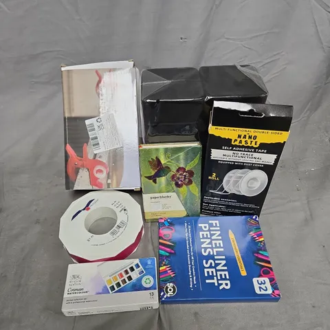 APPROXIMATELY 12 ASSORTED HOUSEHOLD ITEMS TO INCLUDE FINELINER PENS SET, NANO PASTE SELF ADHESIVE TAPE, HARDCOVER JOURNAL, ETC