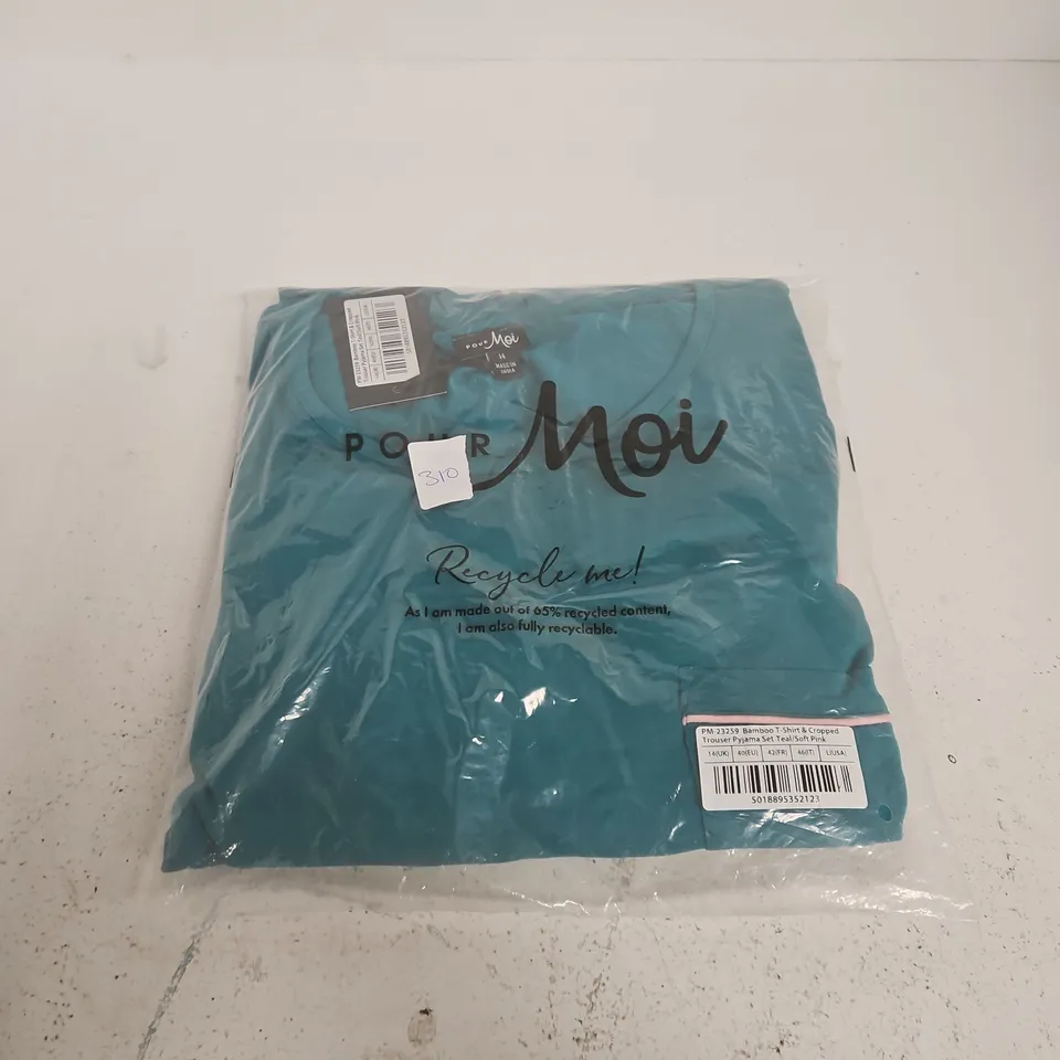 POUR MOI BAMBOO T‑SHIRT & CROPPED TROUSER PYJAMA SET – TEAL & SOFT PINK, UK 14