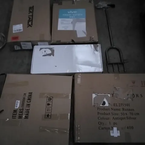 PALLET OF ASSORTED ITEMS INCLUDING VIVE TOILET SAFETY RAIL, SELECTMIRRORS RENNES, TIMBER RIDGE CAMPING WAGON, KING CAMP ARM QUAD CHAIR, CEILING FANS WITH LED LAMP, WAGON CART
