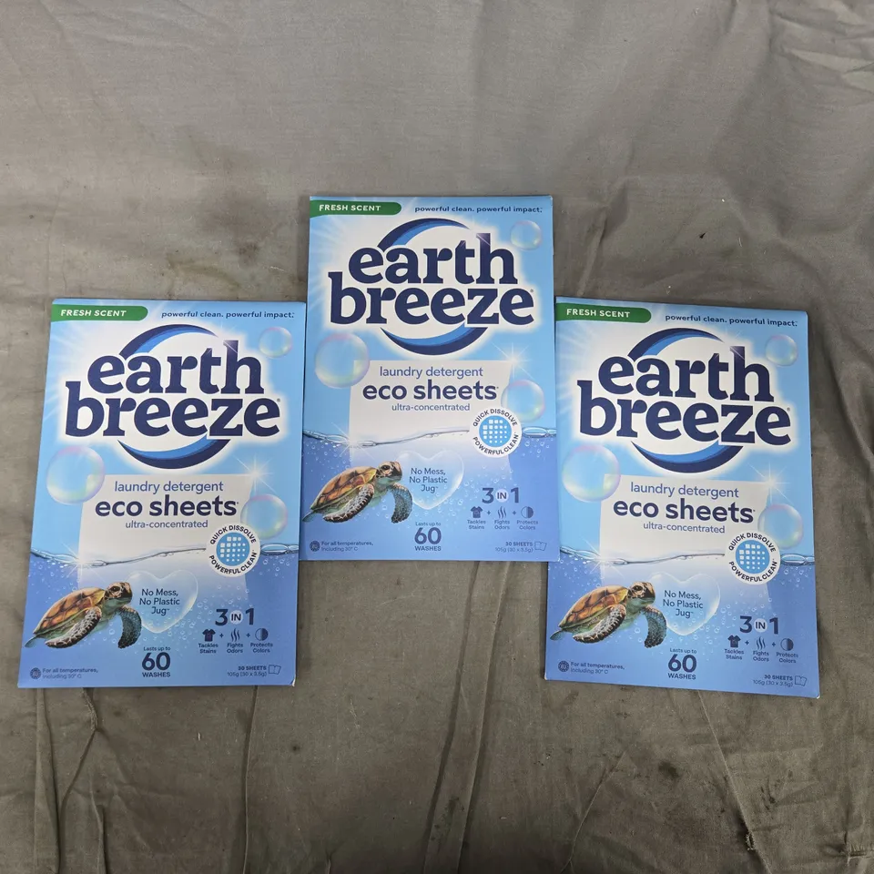EARTH BREEZE ECO SHEETS LAUNDRY DETERGENT – 3 PACKS, 30 SHEETS EACH (60 WASHES PER PACK)