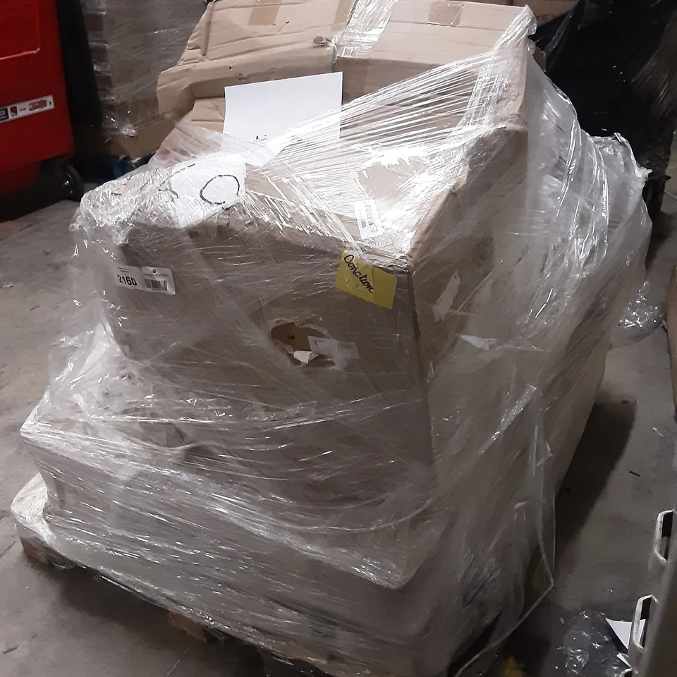 PALLET OF ASSORTED PRODUCTS INCLUDING SMALL DOUBLE MATTRESS, GREEN HOSE WHEEL CART, MIRROR CABINET