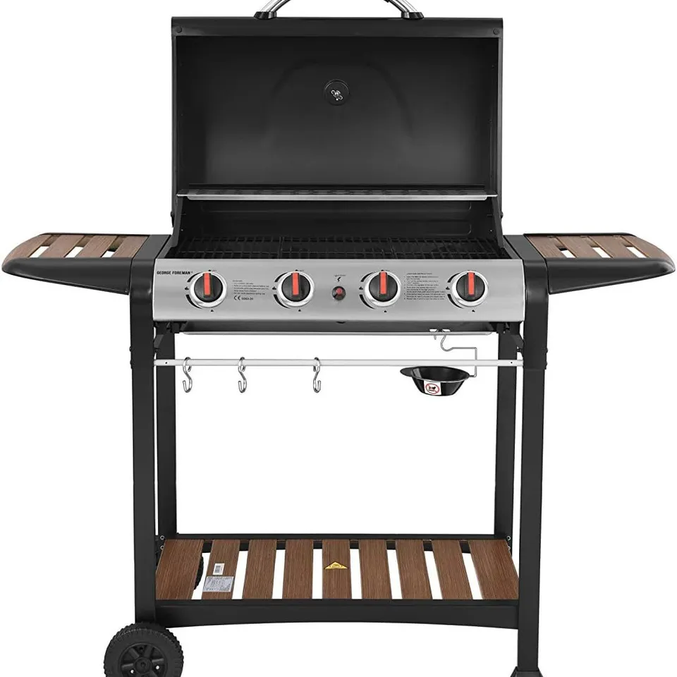 BOXED GEORGE FOREMAN 4 BURNER GAS BBQ WITH AUTOMATIC IGNITION & INTEGRATED THERMOMETER, BLACK, GAS BARBECUE, 2 WHEELS FITTED RACK WITH 2 SHELVES WOOD EFFECT, GFGBBQ4BW