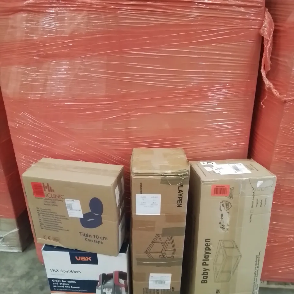 PALLET CONTAINING VARIOUS ASSORTED BOXED HOUSEHOLD ITEMS TO INCLUDE:  CHILDRENS PLAYPENS, VAX SPOTWASH, KIDS TOILET SEATS ETC.AND LOTS MORE UNMARKED BOXED ITEMS 