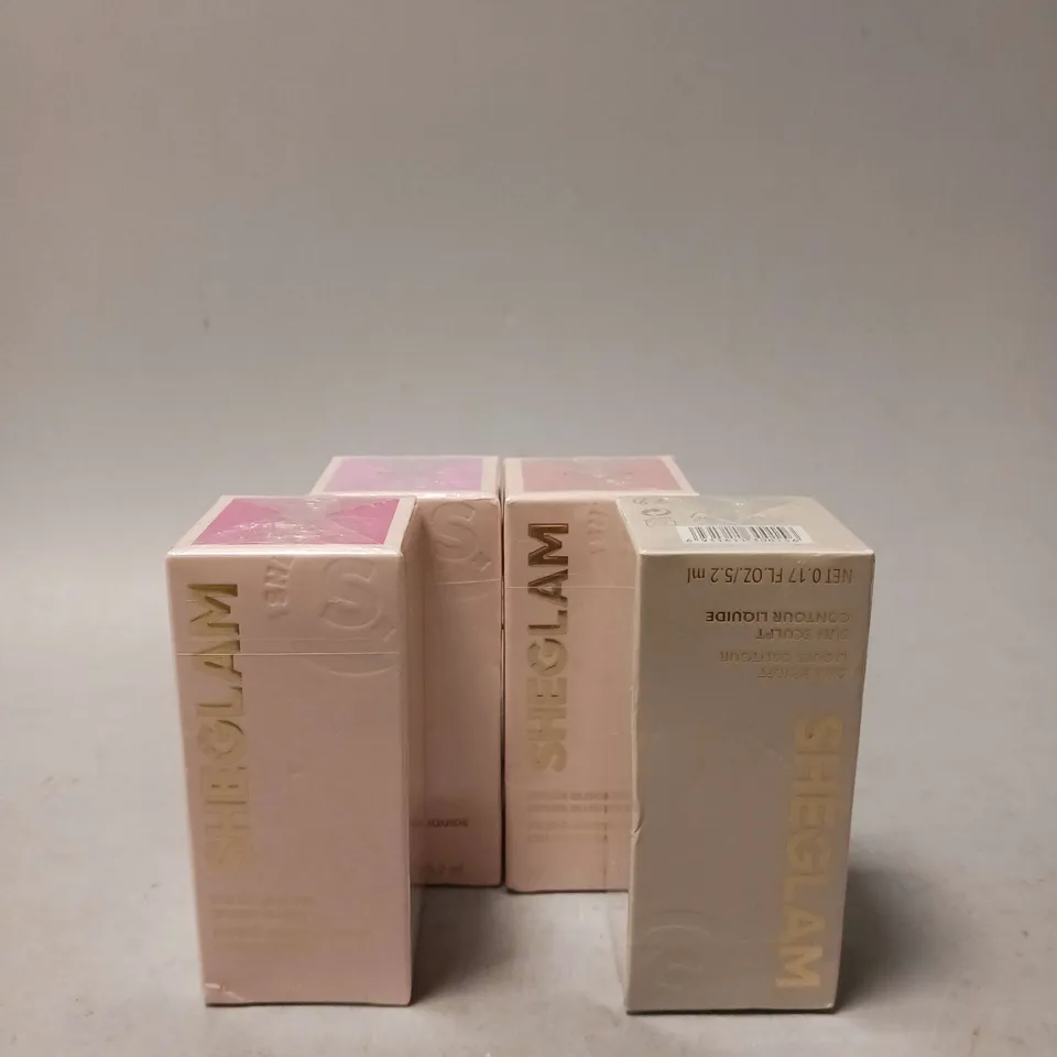 LOT OF 4 ASSORTED SHE GLAM HEALTH AND BEAUTY ITEMS TO INCLUDE COLOR BLOOM LIQUID BLUSH IN SHADES PETAL TALK, LOVE CAKE & ON POINT AND LIQUID CONTOUR IN WARM HONEY