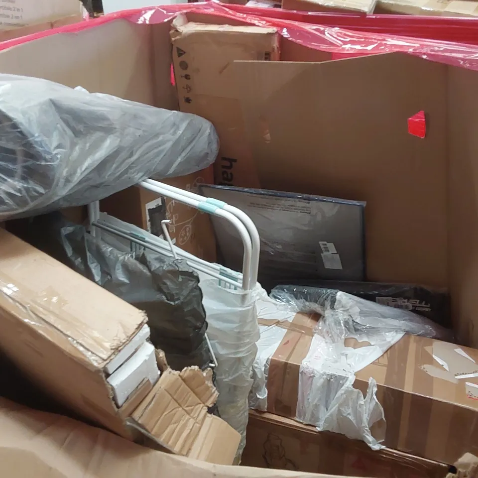 PALLET OF ASSORTED ITEMS INCLUDING: OFFICE CHAIRS, PLAYPEN, ELECTRIC CLOTHES DRYER, BLINDS ECT