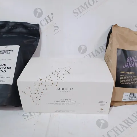 APPROXIMATELY 5 ASSORTED FOOD & DRINK ITEMS TO INCLUDE SMILE JAMAICA COFFEE, AURELIA AGE-DEFY COLLAGEN SHOTS, & THOMSON'S BLUE MOUNTAIN BLEND COFFEE