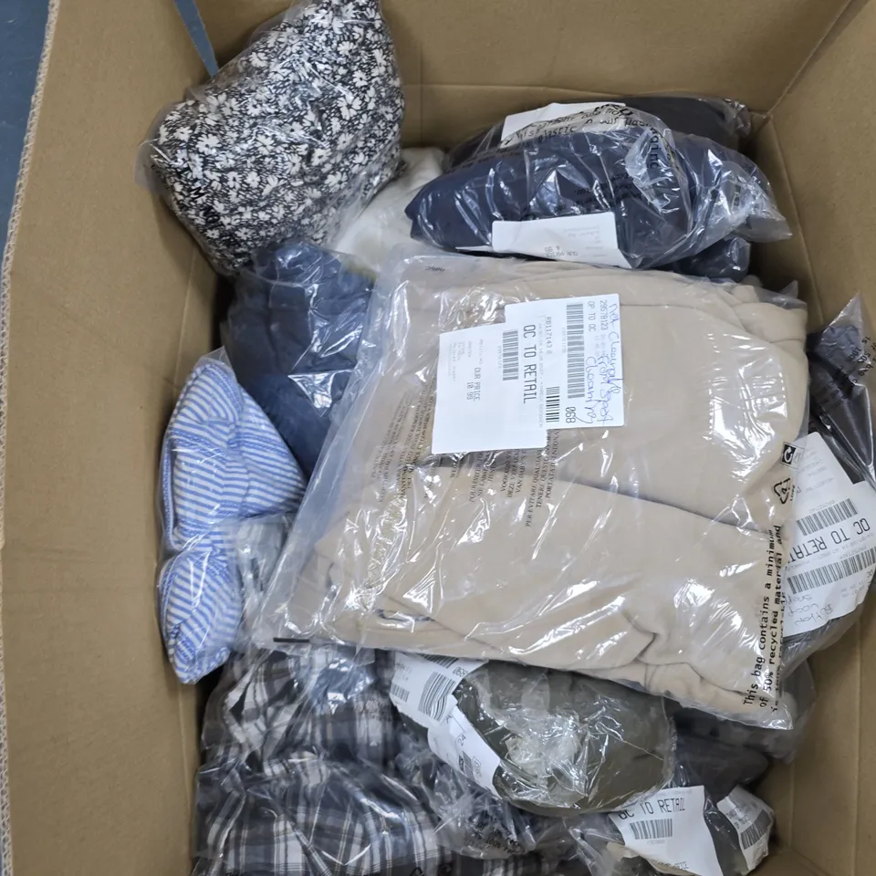 BOX OF APPROXIMATELY 20 ASSORTED CLOTHING ITEMS OF VARIOUS STYLES AND COLOURS 
