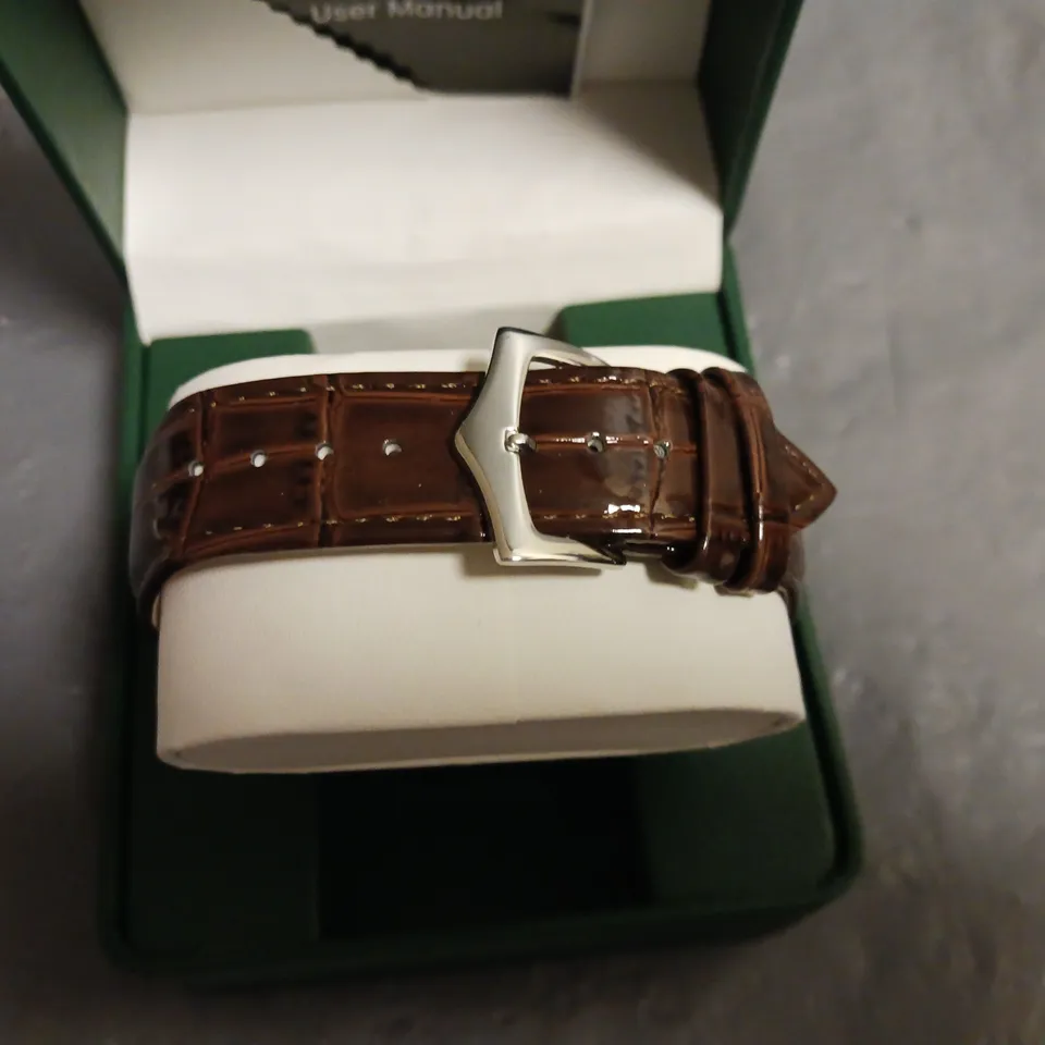 FRANK SCHMIDT BLACK DIAL GENTS WATCH WITH STAINLESS BACKCASE AND BROWN LEATHER STRAP IN BOX