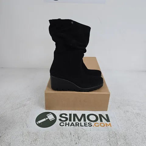 BOXED PAIR OF DUNE ROUCHED WEDGE COMFORT BOOTS IN BLACK - SIZE 7