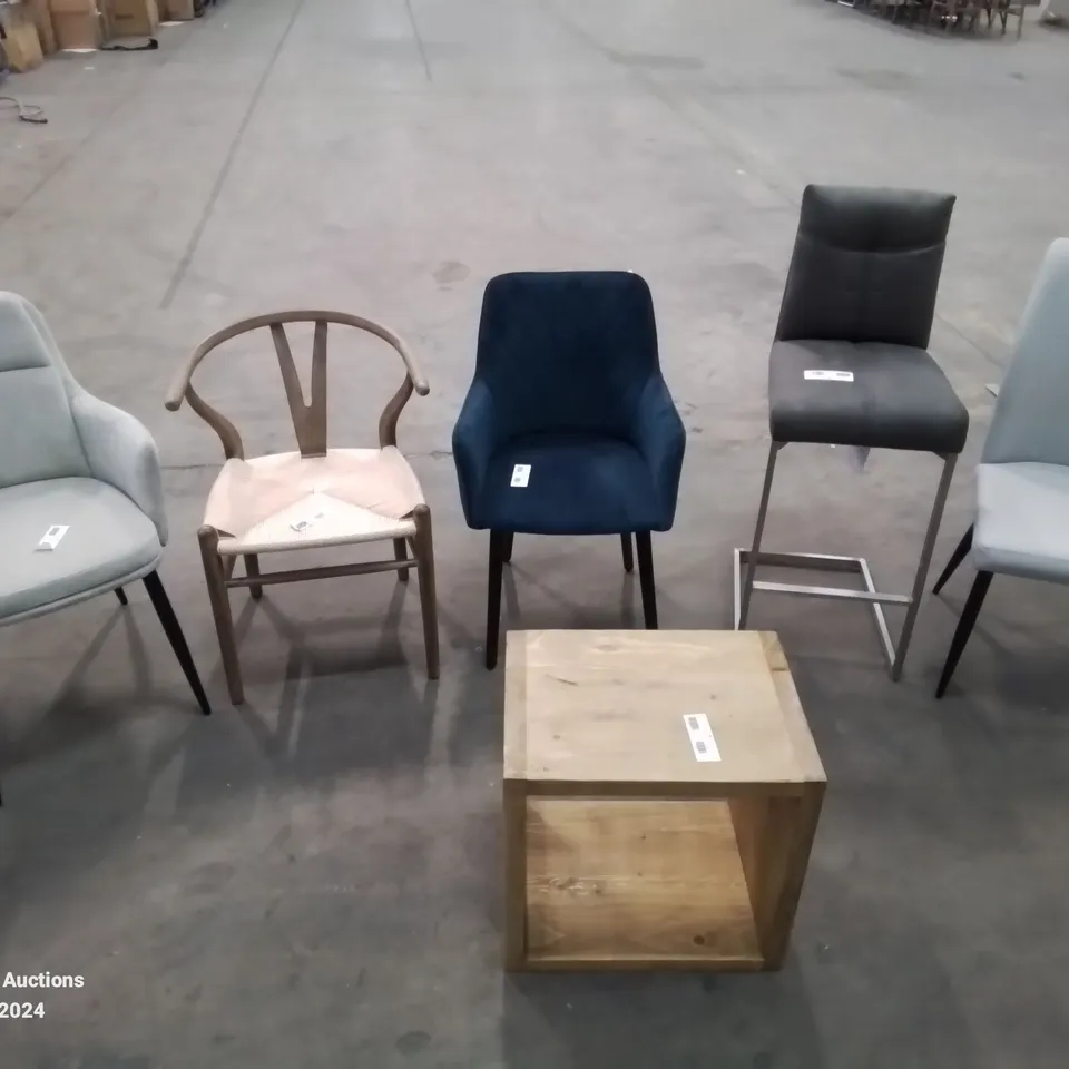 SELECTION OF 5 SIDE/DINING CHAIRS IN DIFFERENT STYLES COLOURS AND VARIETIES AND A SOLID WOOD SIDE TABLE WITH STORAGE