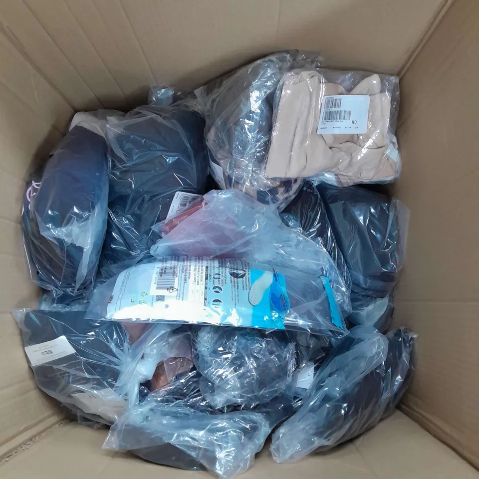BOX OF APPROXIMATELY 15 ASSORTED CLOTHING ITEMS IN VARIOUS STYLES, COLOURS AND SIZES TO INCLUDE SOCKS, LEGGINGS, JUMPSUIT ETC