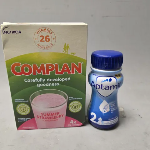 APPROXIMATELY 12 ASSORTED DRINKS ITEMS TO INCLUDE - APTAMIL 2 , COMPLAN SUMMER STRAWBERRY FLAVOUR DRINK ETC