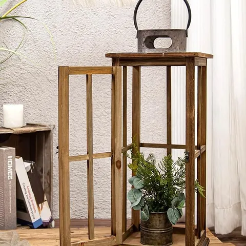 BOXED HILL INTERIORS LARGE RECLAIMED WOODEN LANTERN WITH DISTRESSED METAL TOP