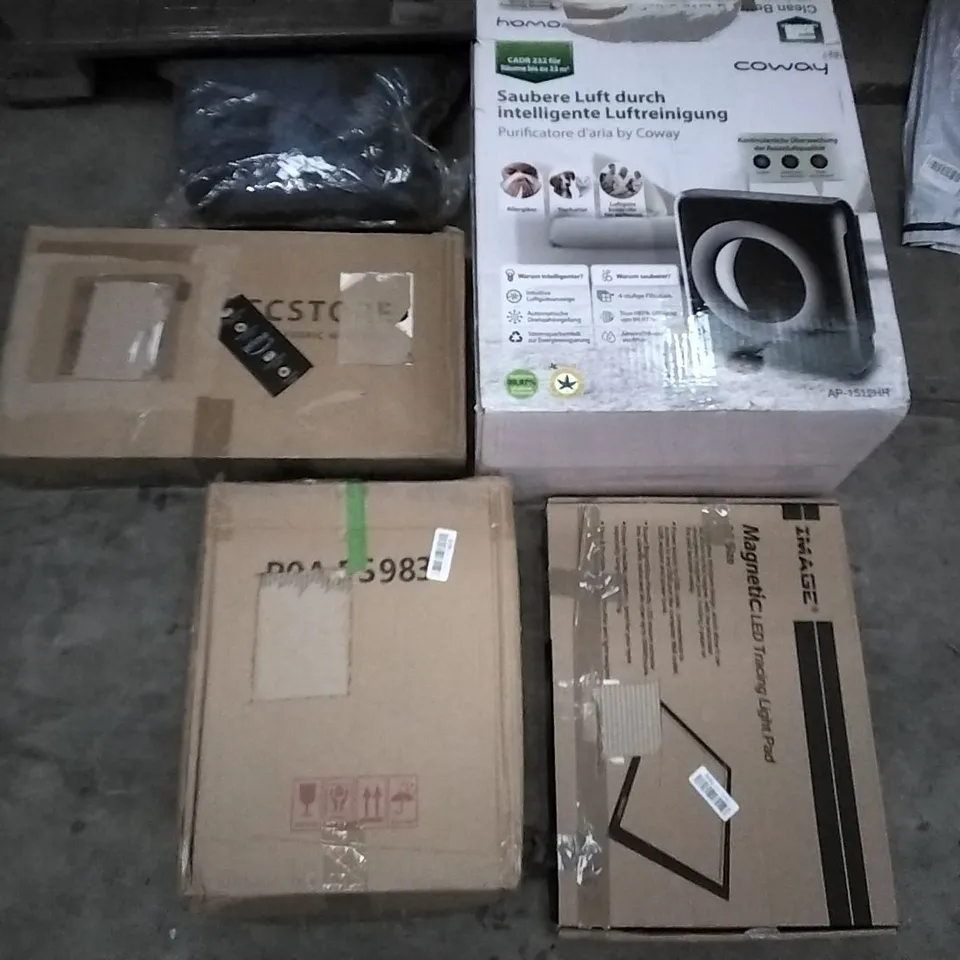 PALLET OF ASSORTED ITEMS INCLUDING ACCSTORE FABRIC WARDROBE, COWAY AIR PURIFIER, IMAGE MAGNETIC LED TRACING LIGHT PAD, JOISCAPE, VORTEX MINI AIR FRYER, REALLY USEFUL BOX