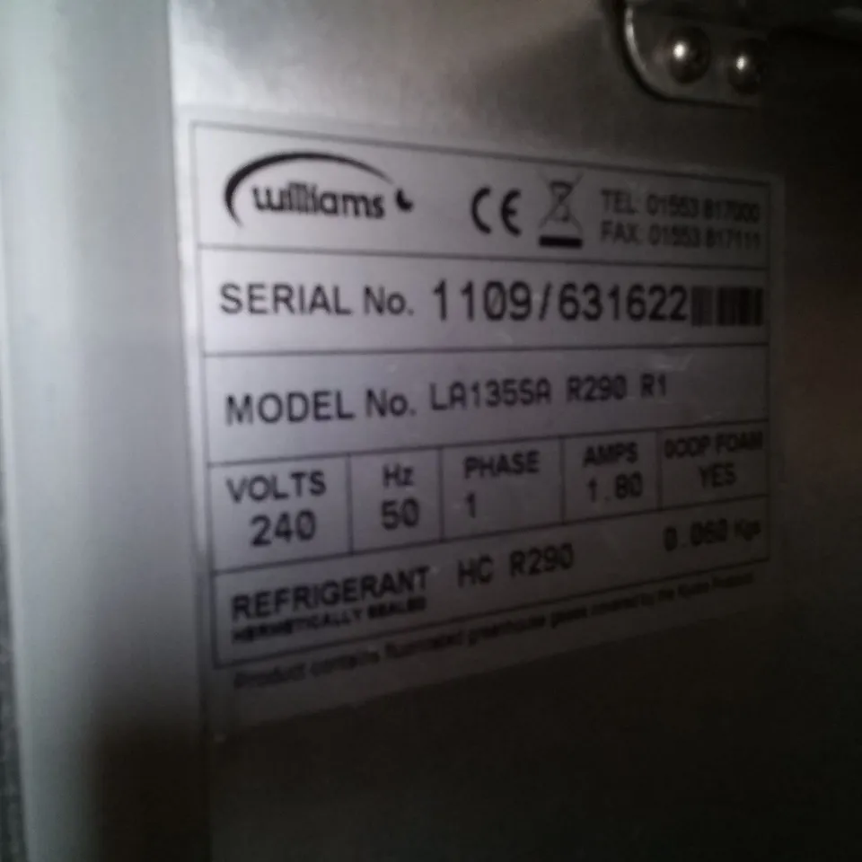 WILLIAMS LA135SA R290 R1 AMBER COMMERCIAL UNDER COUNTER FREEZER