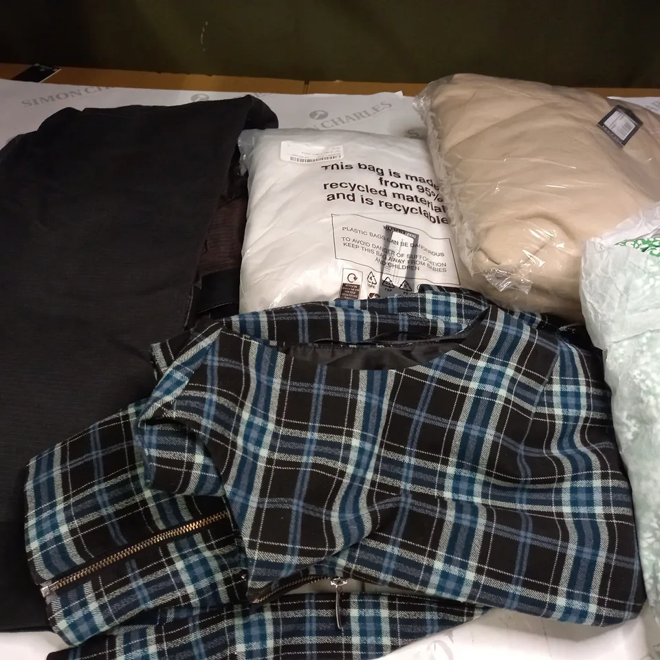 BOX OF ASSORTED CLOTHING ITEMS TOO INCLUDE JUMPERS, SHIRTS AND TROUSERS IN VARIOUS SIZES AND COLOURS   