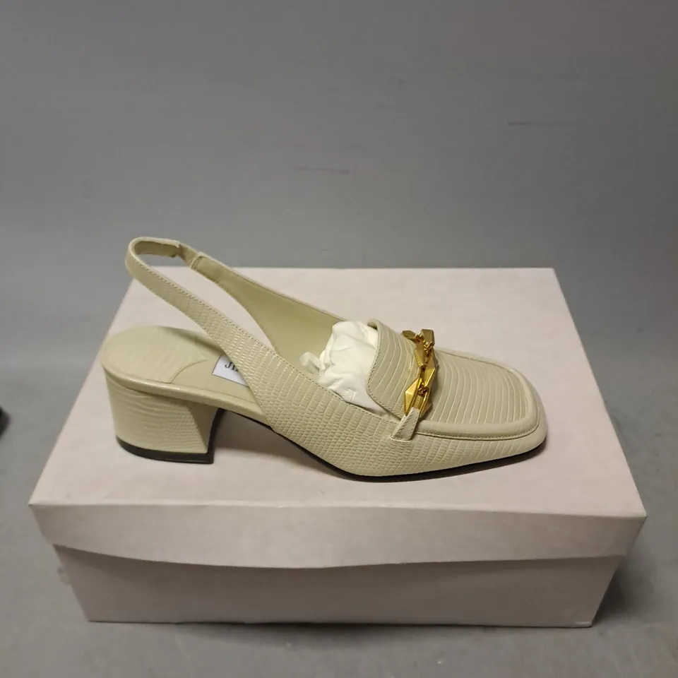 BOXED PAIR OF JIMMY CHOO DIAMOND TILDE BLOCK HEELS IN BAMBOO LIZARD PRINT LEATHER SIZE 36