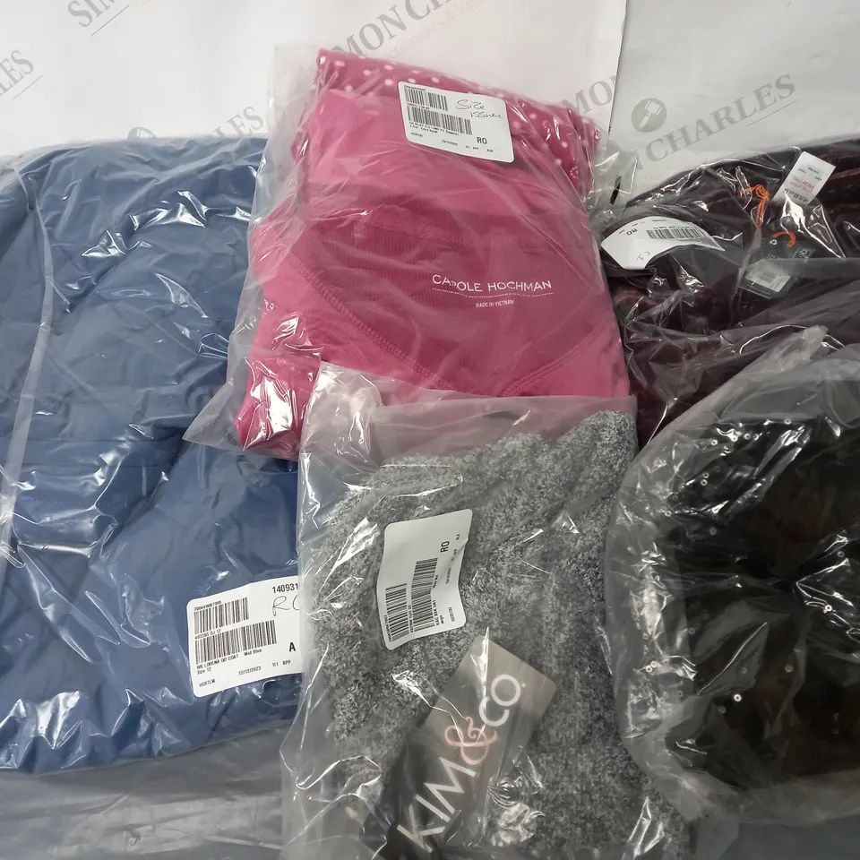 BOX OF ASSORTED CLOTHING ITEMS TOO INCLUDE TOPS , JUMPERS, AND PANTS ETC. 