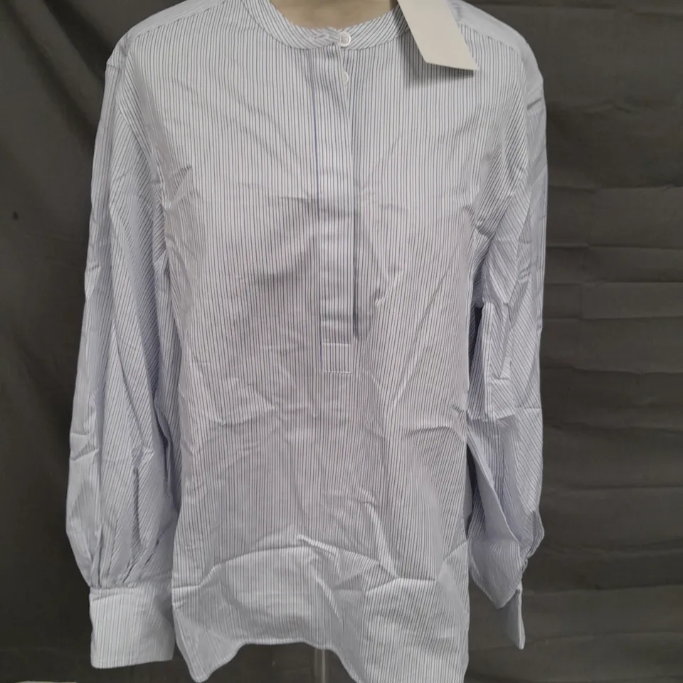 COS BLUE/WHITE STRIPPED COLLARLESS SHIRT - UK 10
