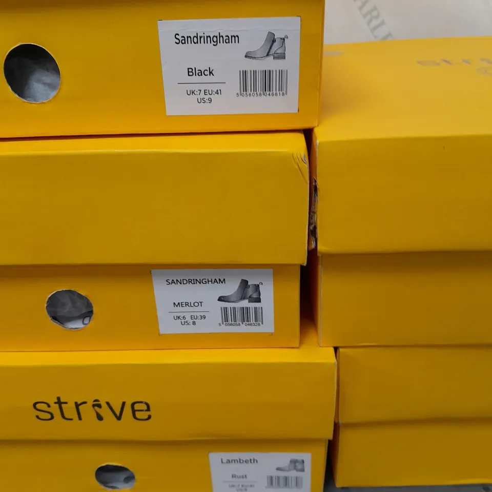 10 PAIRS OF BOXED STRIVE BOOTS IN VARIOUS SIZES AND COLOURS