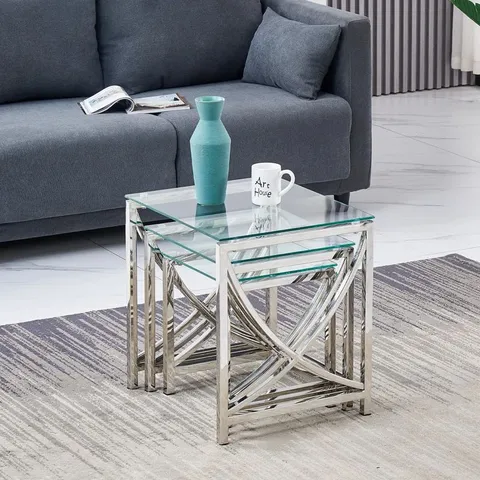 BOXED METRO LANE STAINLESS STEEL NEST OF TABLES WITH CLEAR TEMPERED GLASS TOP SET OF 3 FOR LIVING ROOM (CURVE)