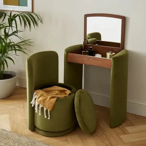 BOXED FRANKIE VELVET COMPACT DRESSING TABLE SET WITH MIRROR AND STOOL - OLIVE (1 BOX)