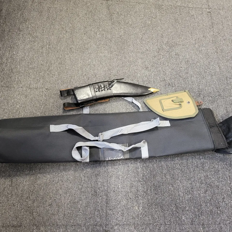 SET OF 3 WEAPON CARRYING ITEMS TO INCLUDE RIFE CASE, DAGGER SCABBARD, AXE HEAD COVER