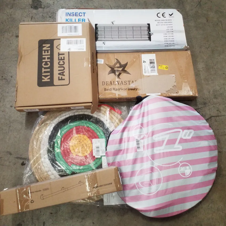 PALLET CONTAINING ASSORTED PRODUCTS INCLUDING INSECT KILLER, KITCHEN FAUCET, BED RAIL, STRAW ARCHERY TARGET, SAFTEY HANDLE & POP UP TENT