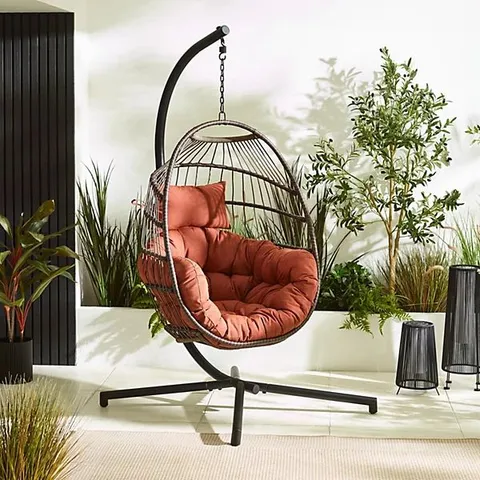 BOXED BROWN RATTAN HANGING EGG CHAIR WITH TERRACOTTA CUSHIONS
