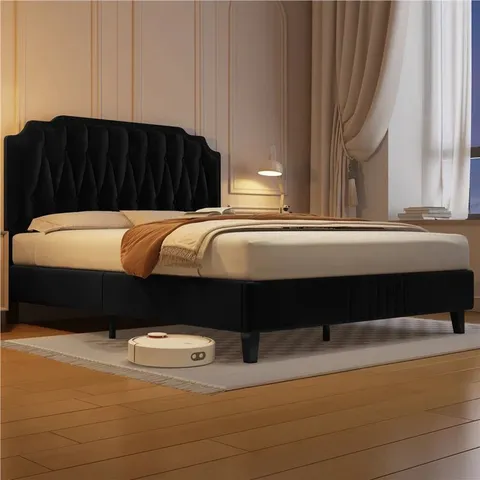 BOXED UPHOLSTERED 135cm DOUBLE BED FRAME WITH WITH BUTTON -TUFTED HEADBOARD, BLACK (2 BOXES)