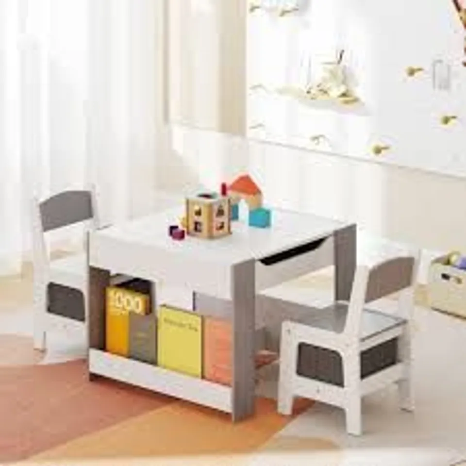 BOXED CHILDREN'S TABLE WITH 2 CHAIRS & DOUBLE-SIDED TABLE TOP & BOOKSHELVES 3-PIECE CHILDREN'S SEATING GROUP GREY