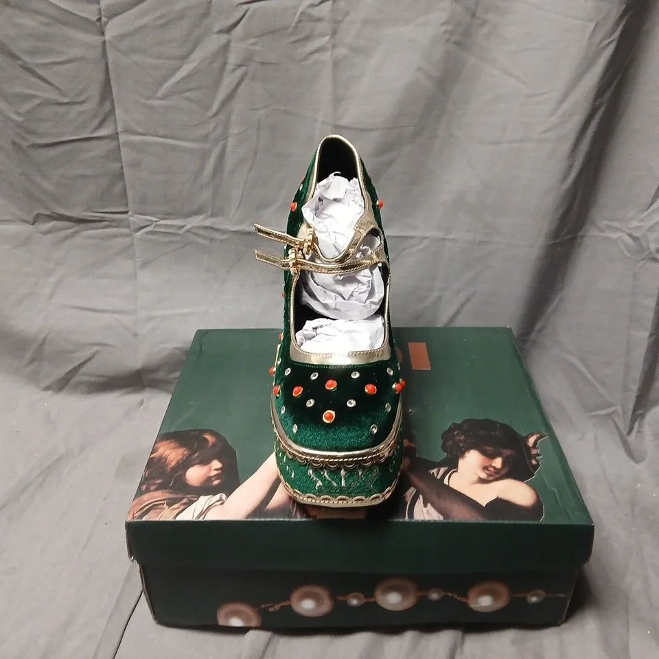 BOXED KOI BOLEYNS REVENGE BEJEWELED VELVET HEELS IN GREEN - UK 8