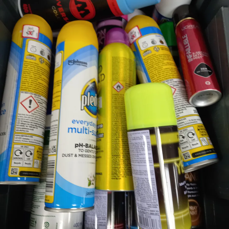 BOX OF APPROX 15 ASSORTED LIQUIDS TO INCLUDE - PAINT SPRAY, SURFACE CLEANER, DRY SHAMPOO ETC