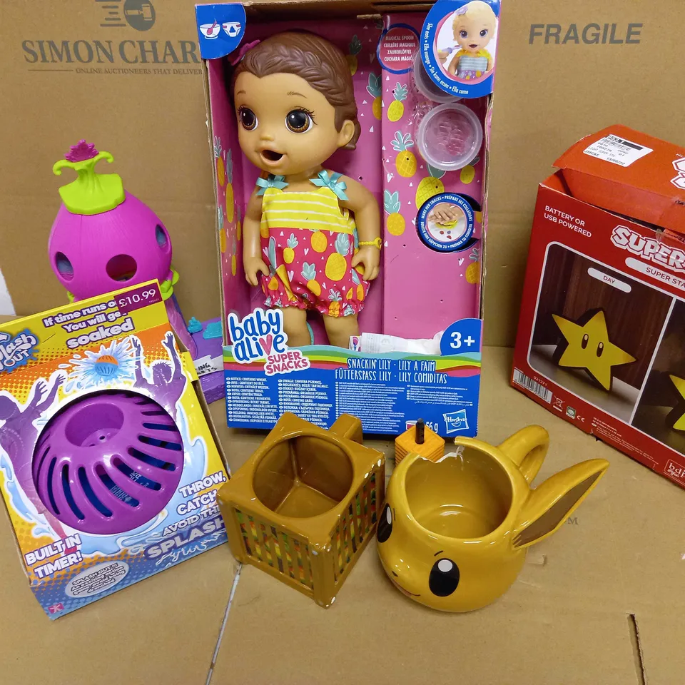 LOT OF 7 ITEMSINCLUDING BABY ALIVE DOLL, SUPER MARIO GLOWING STAR, CUPS