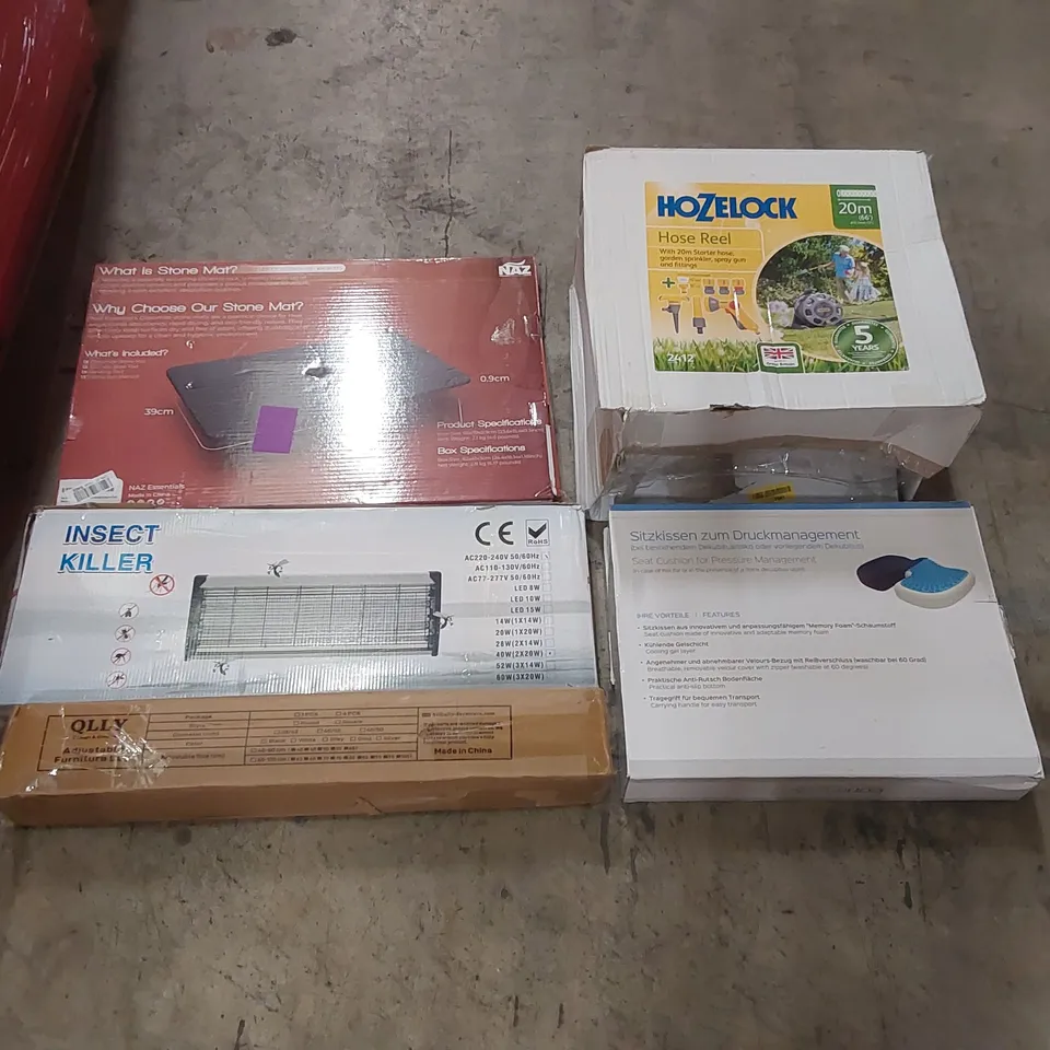 PALLET OF ASSORTED ITEMS INCLUDING: HOZELOCK HOSE REEL, ELECTRIC INSECT KILLER,  CUSHION, ADJUSTABLE FURNITURE LEG ECT