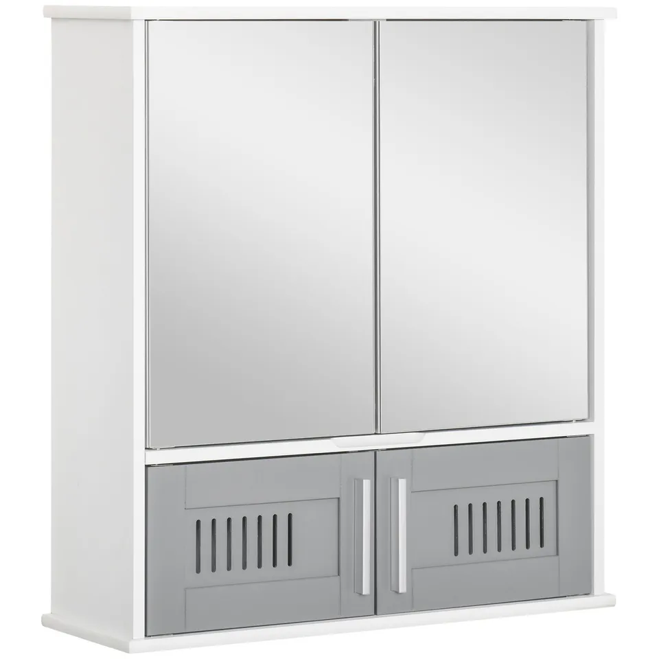 BOXED KLEANKIN BATHROOM MIRROR CABINET, WALL MOUNTED STORAGE CUPBOARD WITH DOUBLE DOORS AND ADJUSTABLE SHELF, BATHROOM ORGANIZER, GREY