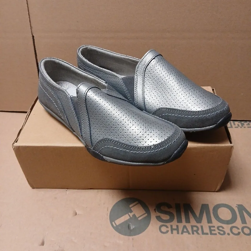 DOWN TO EARTH PEWTER PERFORATED SLIP-ON SHOES, UK SIZE 6