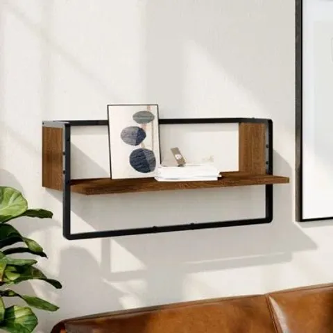 BOXED SONOMA OAK WALL SHELF WITH BAR - 65X25X30CM 