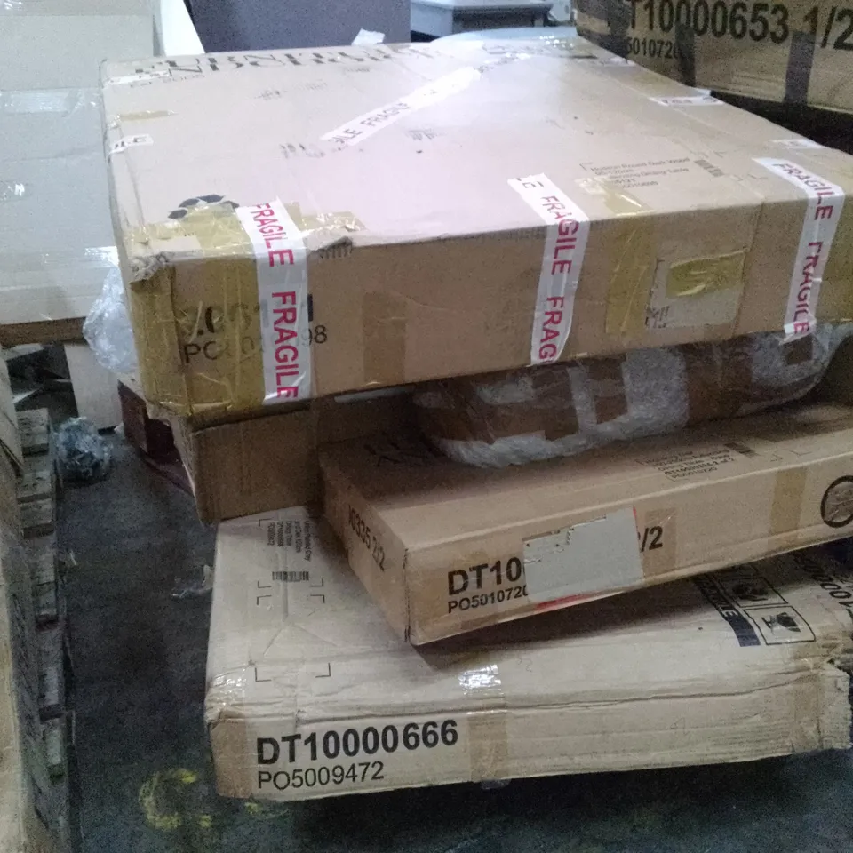 PALLET OF ASSORTED FLAT PACK DINING TABLE PARTS 